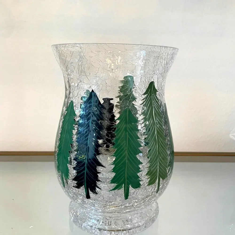Christmas Pine Tree Crackle Glass Hurricane Candle Holder 8 x 5.5 Holiday New